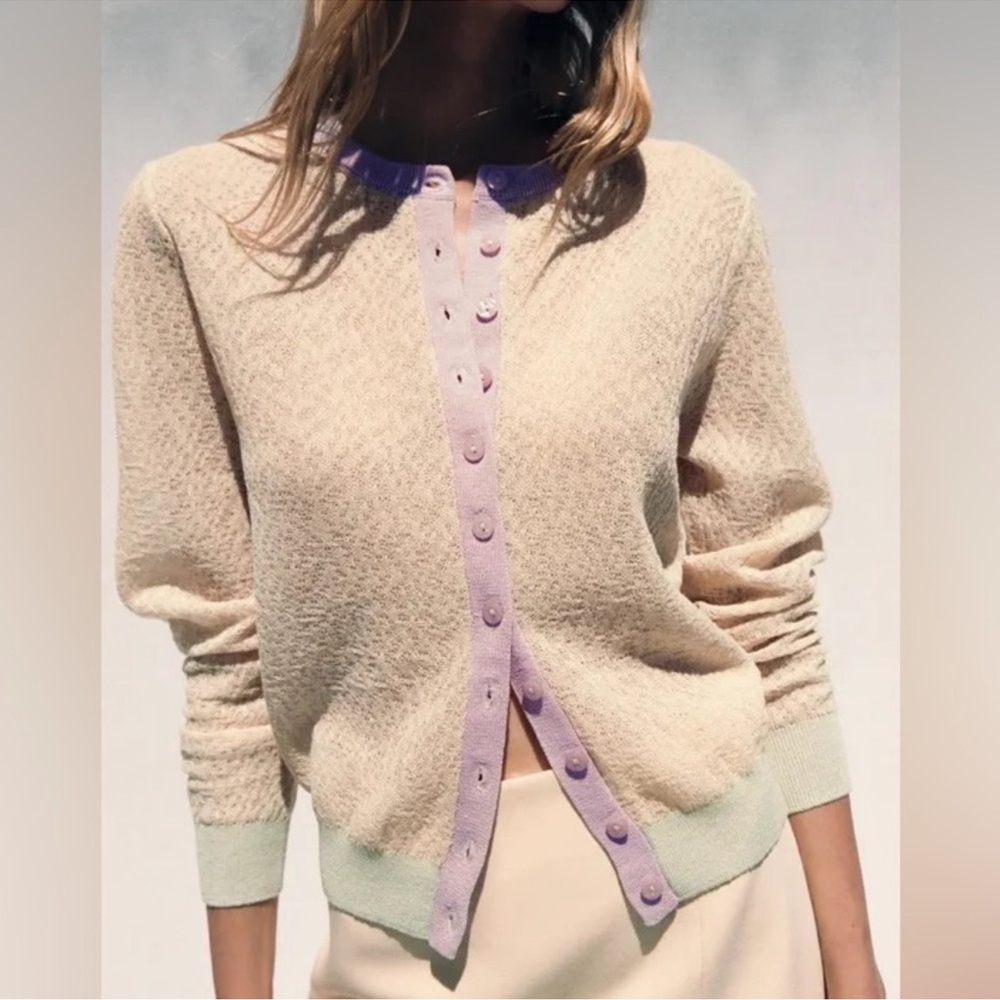 Zara Cream and Purple Cardigan
